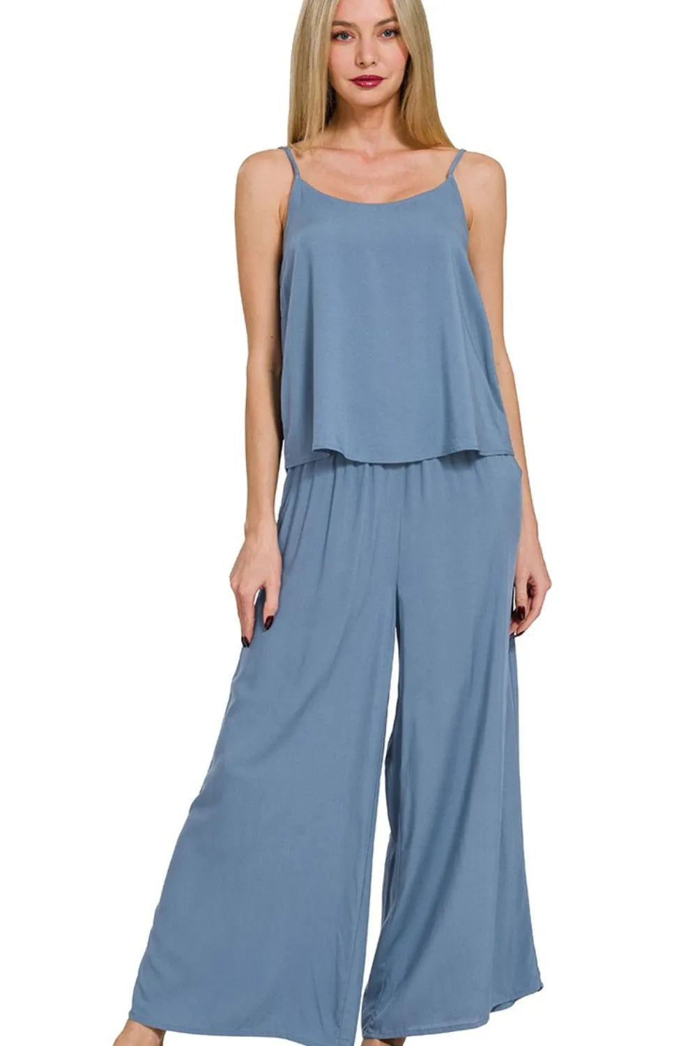 Elegant 2-Piece Zenana Woven Cami & Palazzo Pants Set in Soft Blue with Spaghetti Straps
