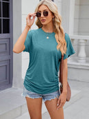 Slightly Stretchy Ruched Round Neck Short Sleeve T-Shirt for Women - Casual Basic Tops - Store 42