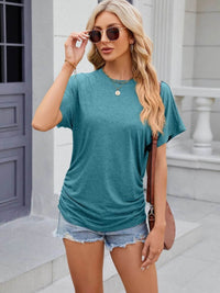 Slightly Stretchy Ruched Round Neck Short Sleeve T-Shirt for Women - Casual Basic Tops - Store 42