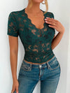 Sheer Lace V-Neck Short Sleeve Top for Women - Slightly Stretchy, Elegant Style - Store 42