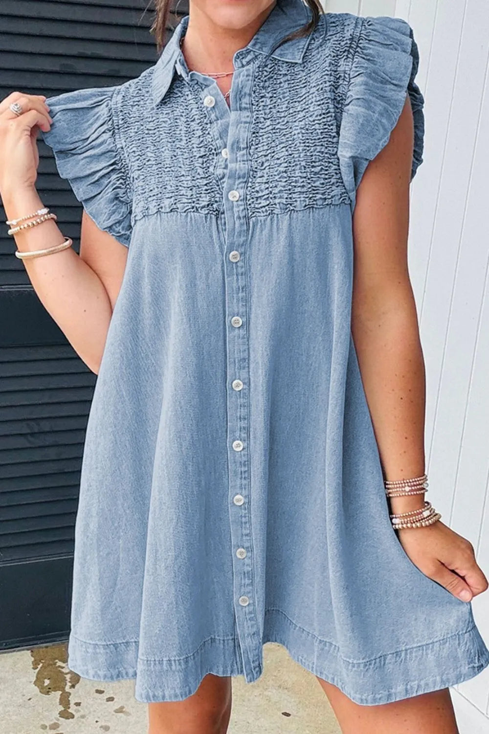Trendy Smocked Collared Neck Cap Sleeve Denim Dress for Women - Buttoned, Ruched, Classic Style
