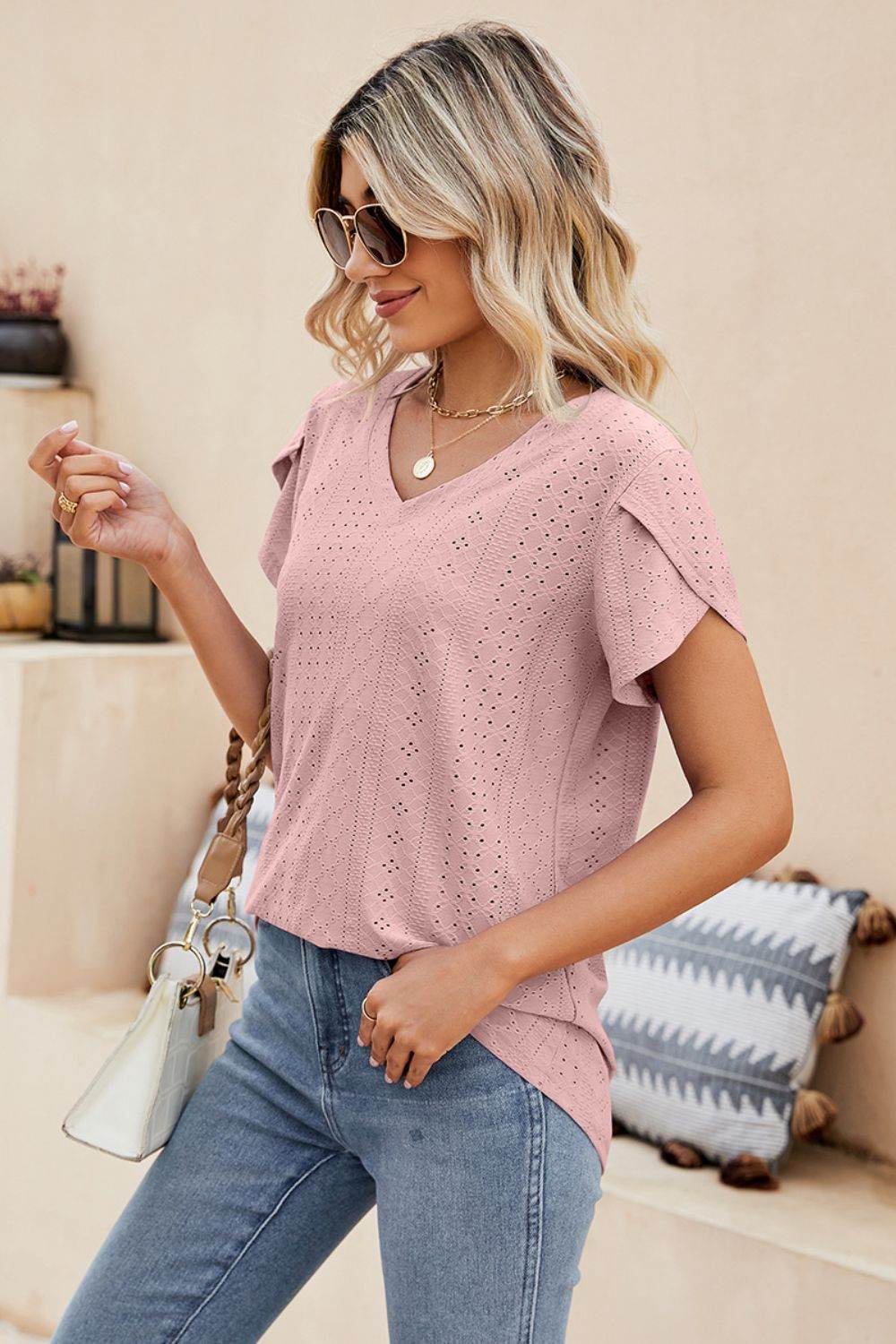 Trendsi Eyelet Petal Sleeve V-Neck Casual Knit Top - Solid Colors, Slightly Stretchy, Long Length - Store 42