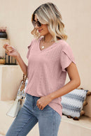 Trendsi Eyelet Petal Sleeve V-Neck Casual Knit Top - Solid Colors, Slightly Stretchy, Long Length - Store 42