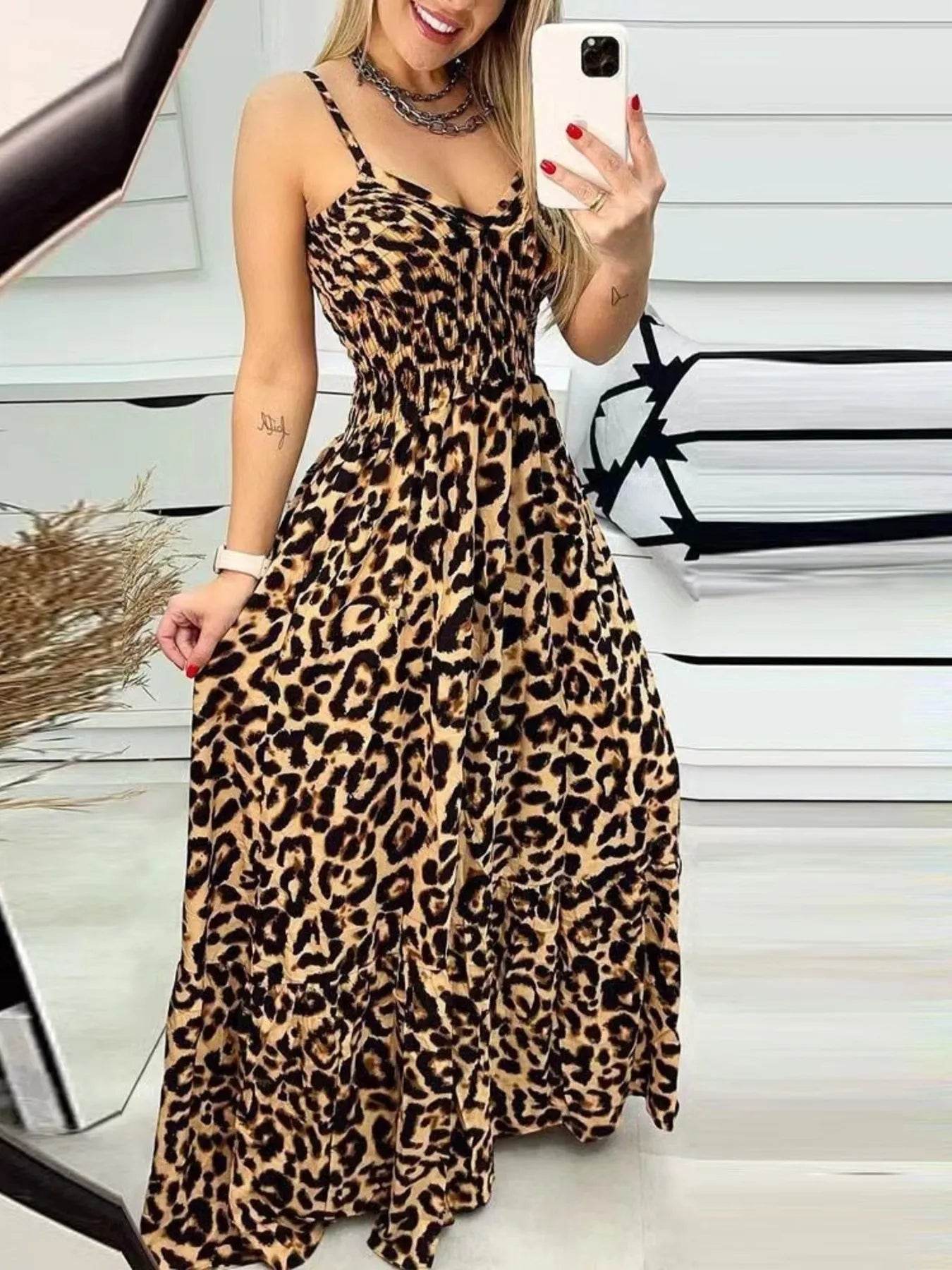 Full Size Leopard Print Spaghetti Strap Maxi Dress Plus Size - Store 42