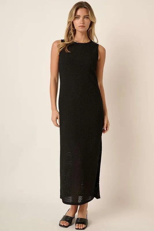Elegant Side Slit Round Neck Sleeveless Dress - Comfortable Stretchy Fit, Semi-Sheer, Made in USA