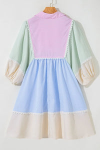 Striped Patchwork Ric Rac Puff Sleeve Collared Mini Dress