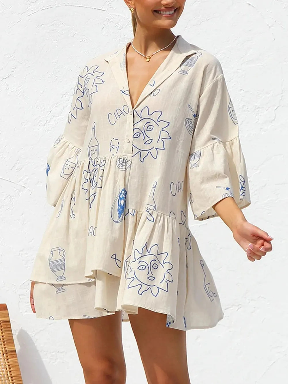 Trendy Button Detail Printed Mini Dress with Ruched and Ruffled Accents - Opaque 100% Polyester