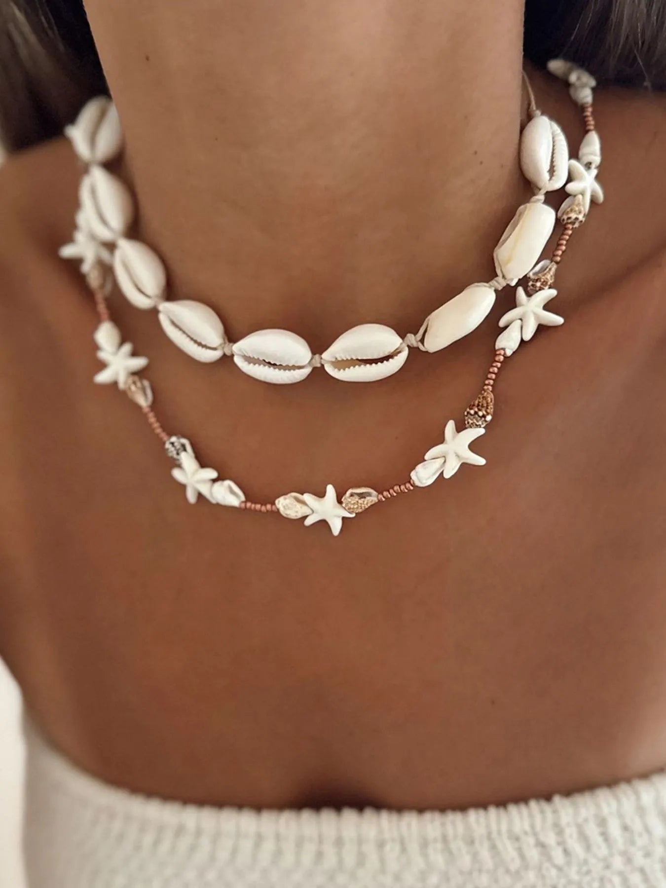 2-Piece Stainless Steel Shell Charm Necklace with Cotton Cord - Stylish Ocean-Inspired Jewelry