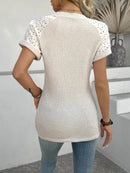 Trendy Hollow Out Waffle Knit Short Sleeve T-Shirt - Soft Stretchy Fabric, Eyelet Detail - Store 42