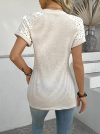 Trendy Hollow Out Waffle Knit Short Sleeve T-Shirt - Soft Stretchy Fabric, Eyelet Detail - Store 42