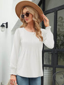Stylish Smocked Round Neck Blouse With Lantern Sleeves - Opaque 65% Rayon, 35% Polyester - Store 42