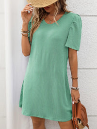 Textured Round Neck Short Sleeve Mini Dress