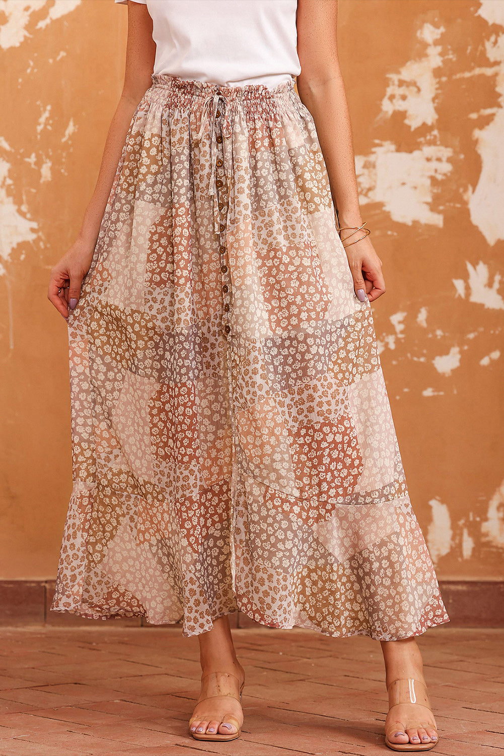 Floral Midi Skirt with Button Front and Slit, Vintage-Inspired Chiffon A-Line Design