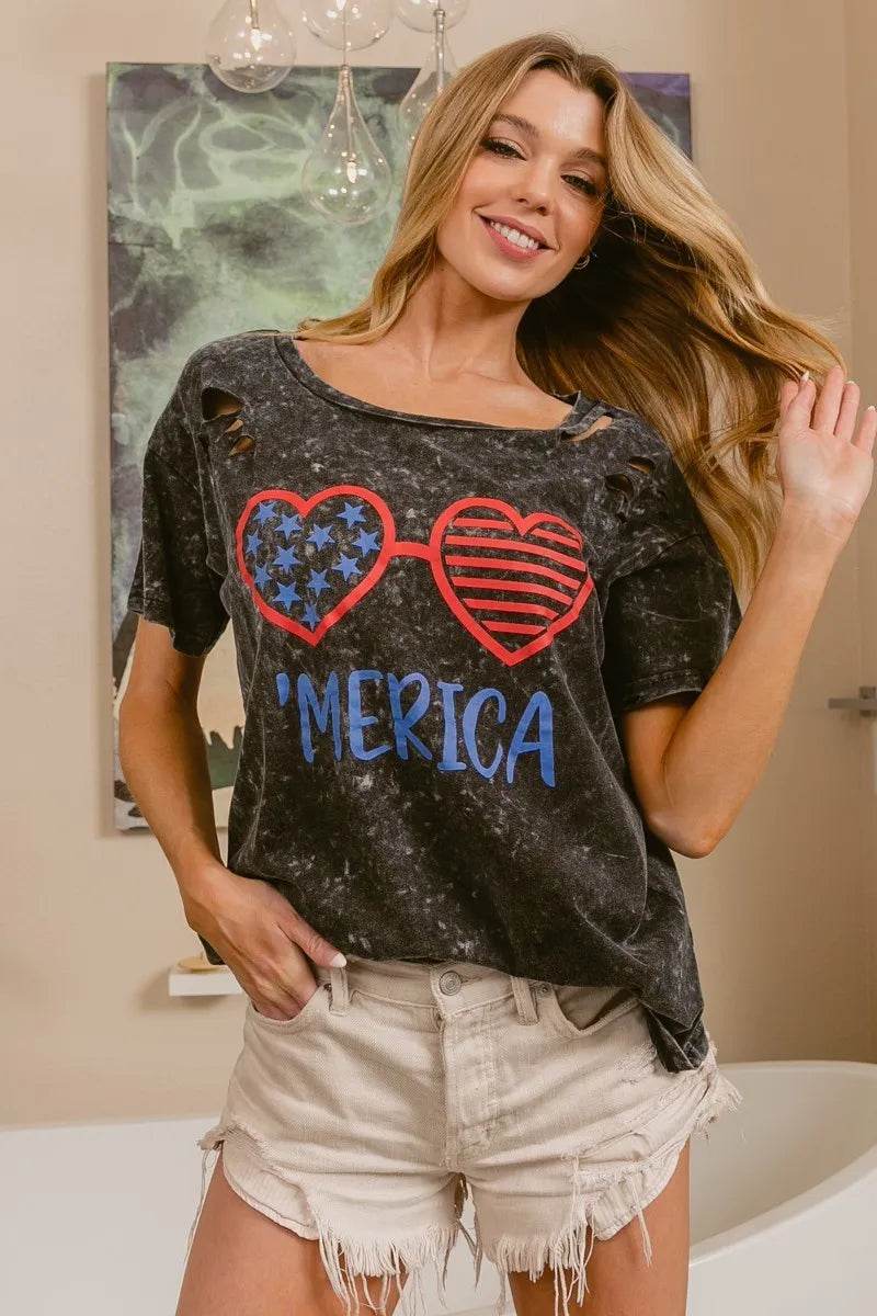 BiBi 4th Of July Theme Mineral Washed Laser Cut Top - Store 42