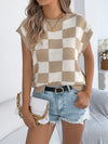Checkered Round Neck Cap Sleeve Knit Top Khaki