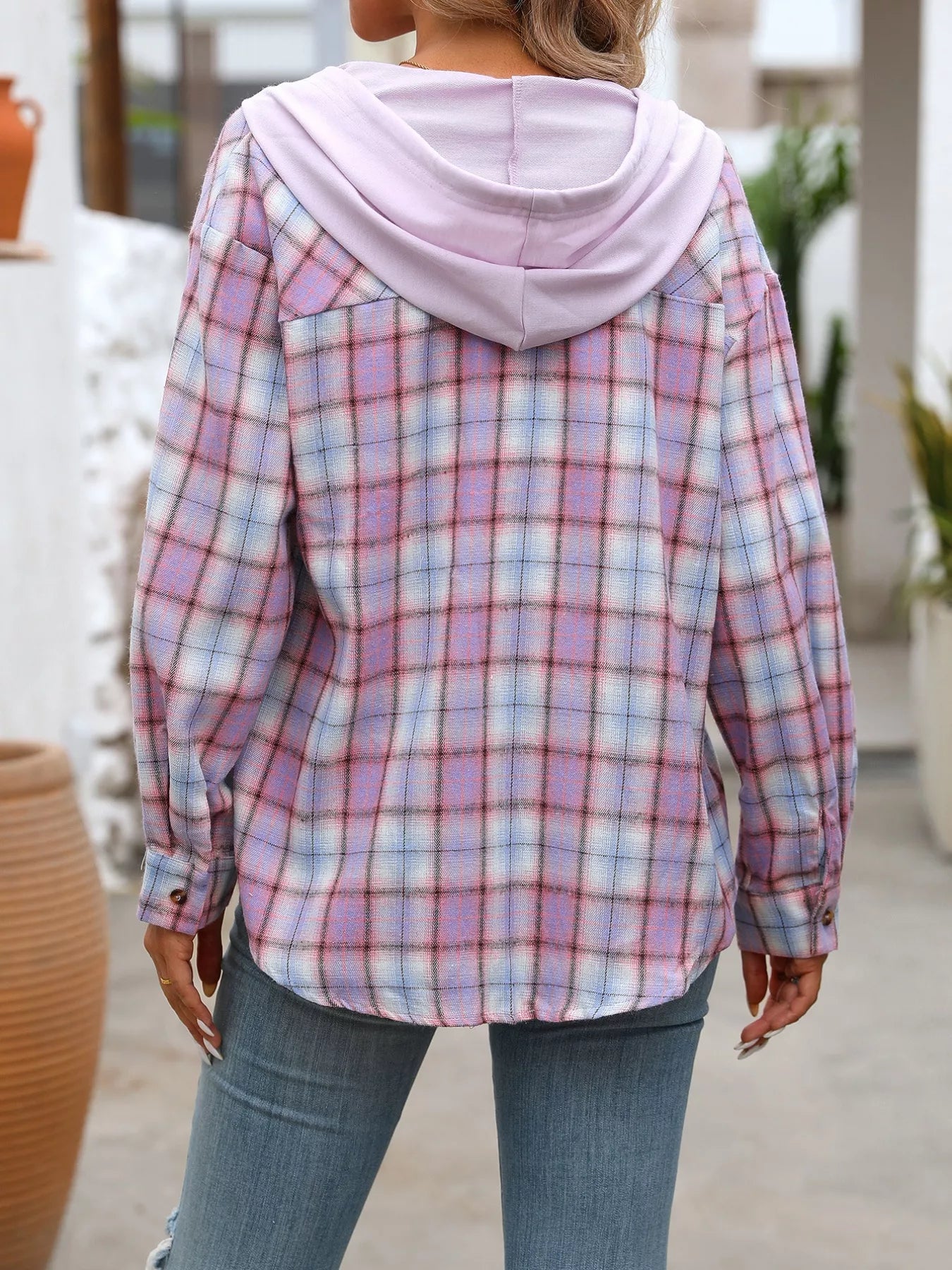 Plaid Button-Up Hooded Shirt