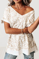 Leopard Print V-Neck T-Shirt with Side Slit - Loose Fit, Stretchy, Casual Style - Store 42