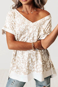 Leopard Print V-Neck T-Shirt with Side Slit - Loose Fit, Stretchy, Casual Style - Store 42