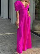 Full Size Cutout V-Neck Puff Sleeve Jumpsuit Plus Size - Store 42