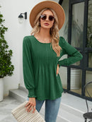 Stylish Smocked Round Neck Blouse With Lantern Sleeves - Opaque 65% Rayon, 35% Polyester - Store 42