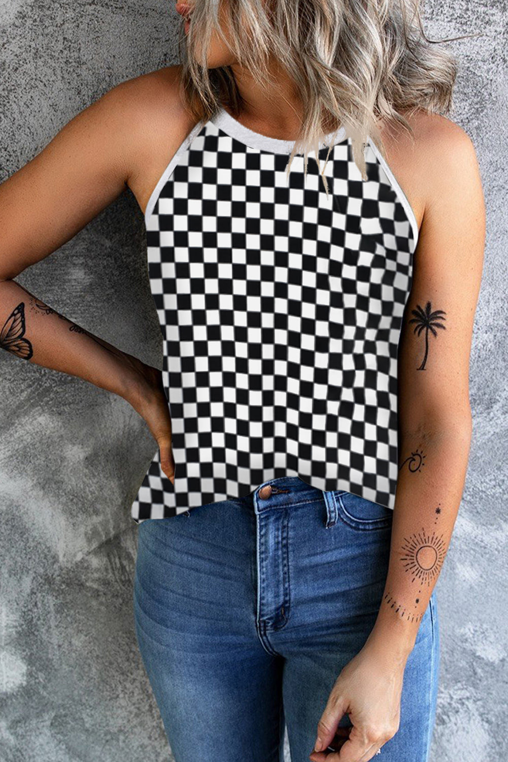 Grecian Neck Checkered Tank Top for Women - Slightly Stretchy, Opaque Fabric, Trendy Style