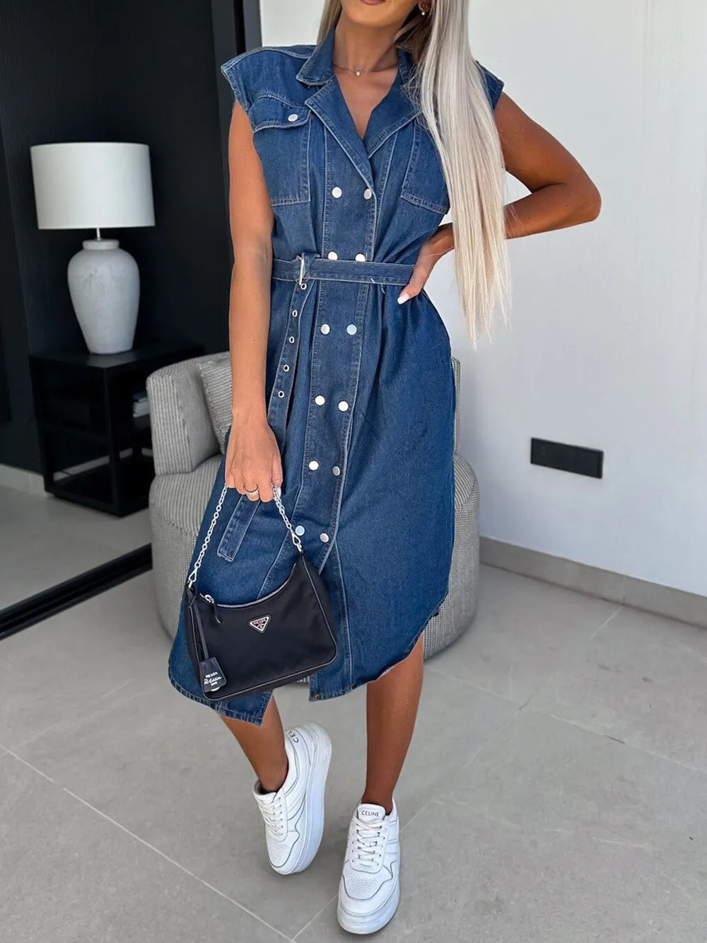 Stylish Collared Cap Sleeve Denim Dress with Belt - Slightly Stretchy Fabric, Perfect for Casual Outings
