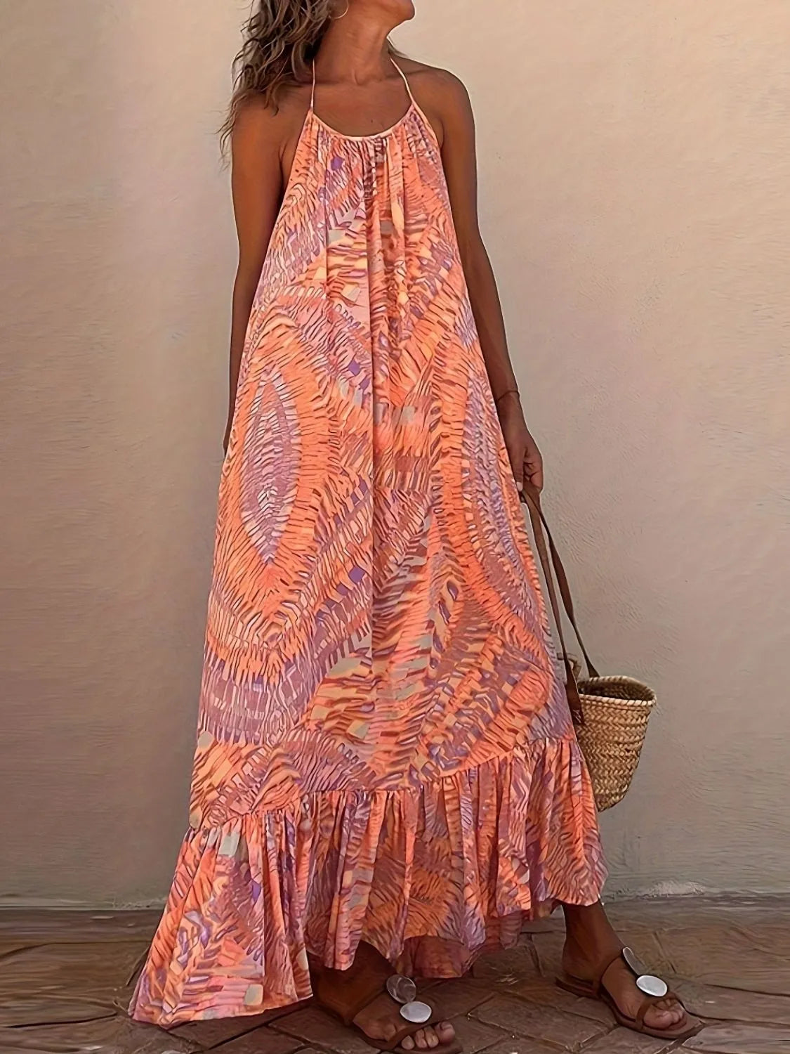 Chic Backless Ruffled Halter Neck Maxi Cami Dress in 100% Polyester, Perfect for Summer