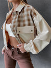 Snap Down Color Block Plaid Jacket Beige
