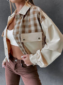 Snap Down Color Block Plaid Jacket Beige