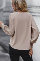 Perfee V-Neck Blouse with Pleated Lantern Sleeves, Opaque 100% Polyester, Smocked Detail - Store 42