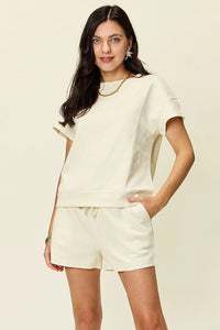 Double Take Full Size Texture Short Sleeve T-Shirt and Drawstring Shorts Set Ivory