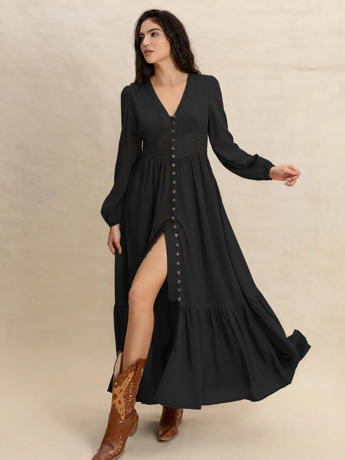 V-Neck Long Sleeve Buttoned Ruched Dress - 100% Viscose, Lightweight & Casual Elegance