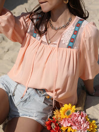 Tie Neck Half Sleeve Blouse Watermelon pink