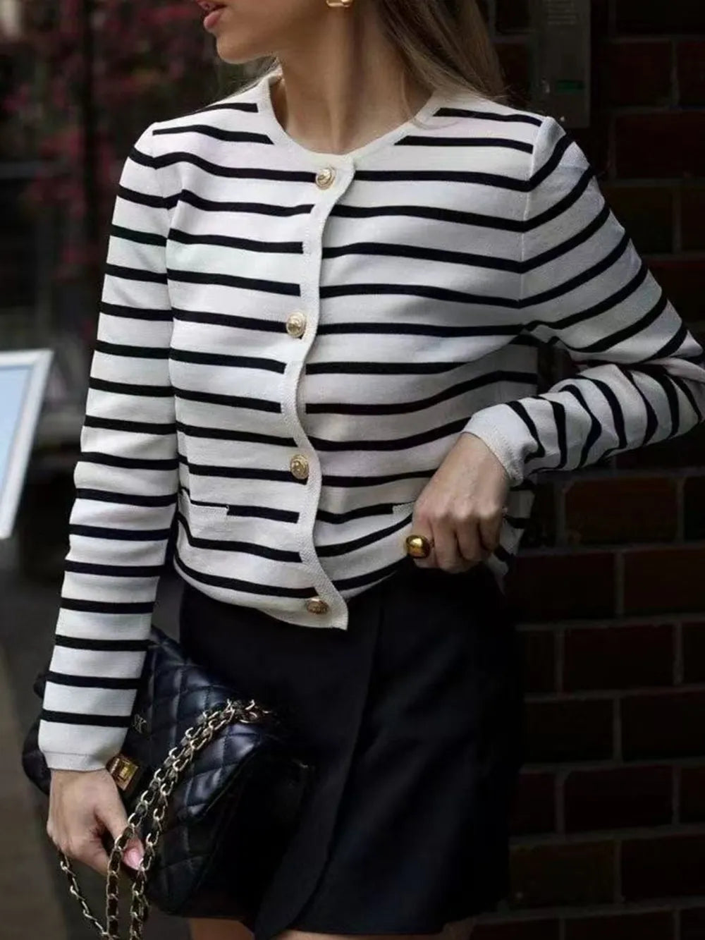 Trendy Striped Long Sleeve Cardigan with Button Closure - 100% Acrylic, Slightly Stretchy