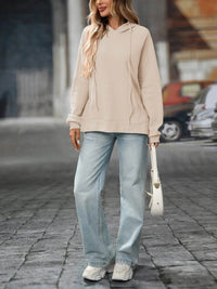 Slightly Stretchy Textured Drawstring Long Sleeve Hoodie with Pocket - Trendy Casual Wear - Store 42