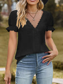 Lace Trim V-Neck Puff Sleeve Blouse
