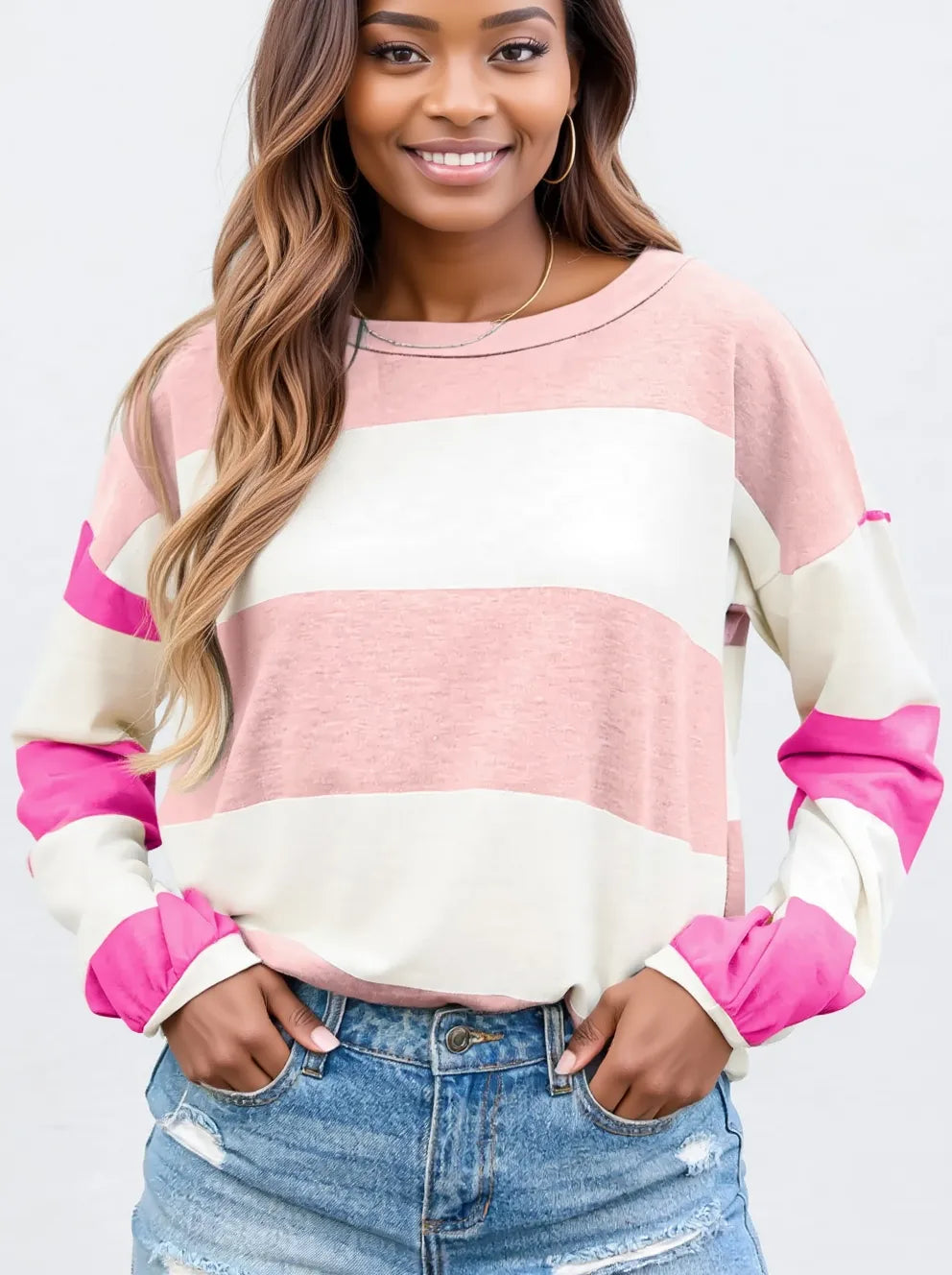 Stylish Color Block Drop Shoulder Long Sleeve Top - Slightly Stretchy & Comfortable Fit