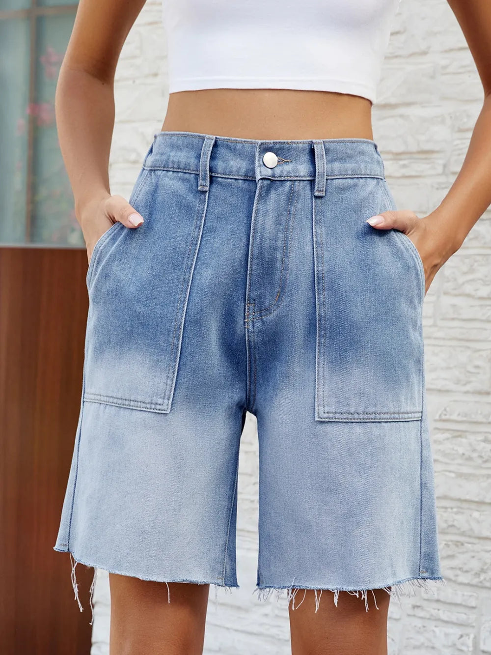 Trendy Buttoned Raw Hem Denim Shorts with Pockets for Women - No Stretch, Casual Style