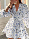 Lace Detail V-Neck Balloon Sleeve Dress Light Blue