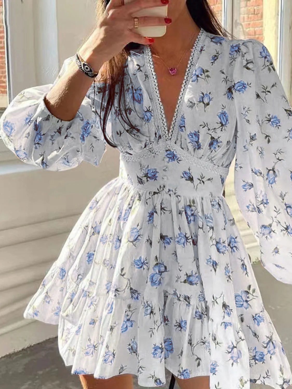 Lace Detail V-Neck Balloon Sleeve Dress Light Blue