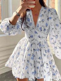 Lace Detail V-Neck Balloon Sleeve Dress Light Blue