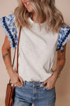 Round Neck Printed Ruffled Cap Sleeve Blouse White