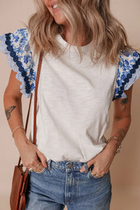 Round Neck Printed Ruffled Cap Sleeve Blouse White