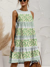 FAM-FAM Tiered Printed Round Neck Sleeveless Dress Light Green