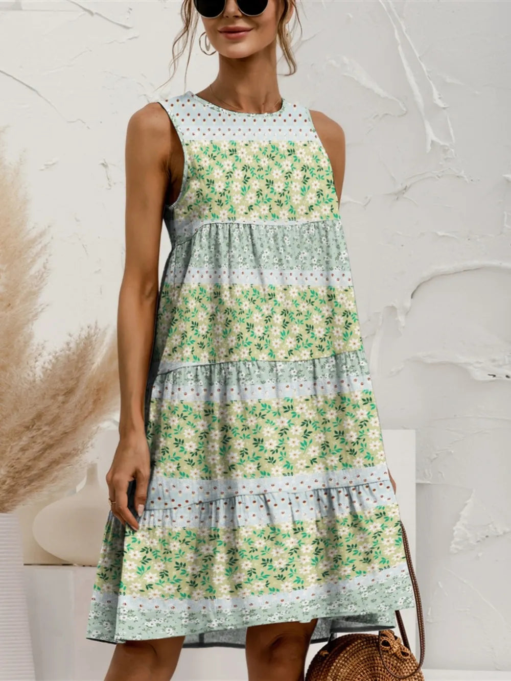 FAM-FAM Tiered Printed Round Neck Sleeveless Dress Light Green