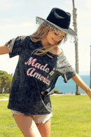 Trendy Laser Cut Mineral Washed Top with America Print - 100% Cotton Patriotic Style - Store 42