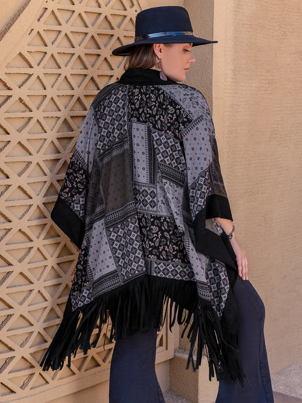 Chic Plus Size Printed Fringe Kimono Outerwear - 100% Polyester, Open Front Style, Machine Washable