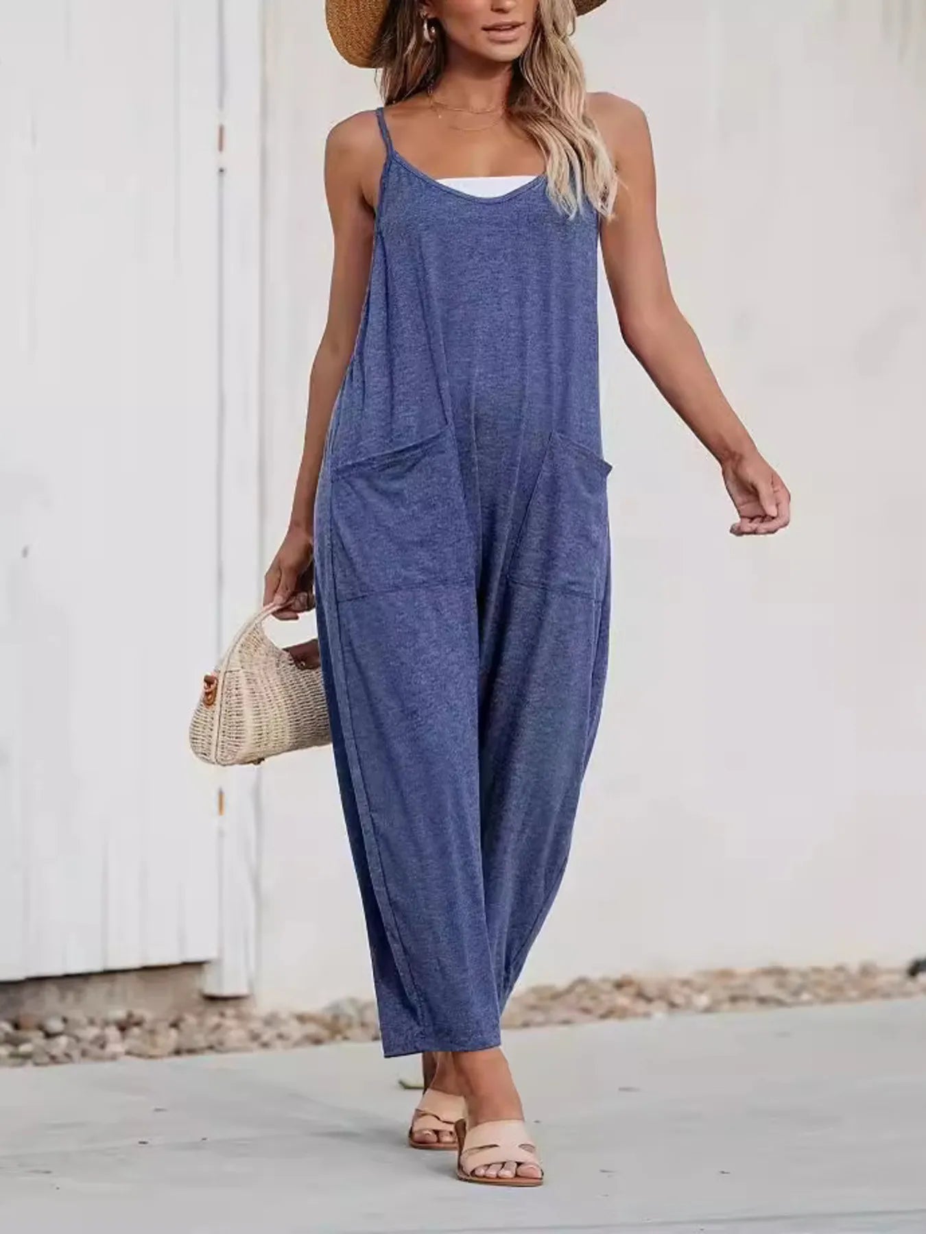 Loose Fit Spaghetti Strap Wide Leg Overalls with Pockets