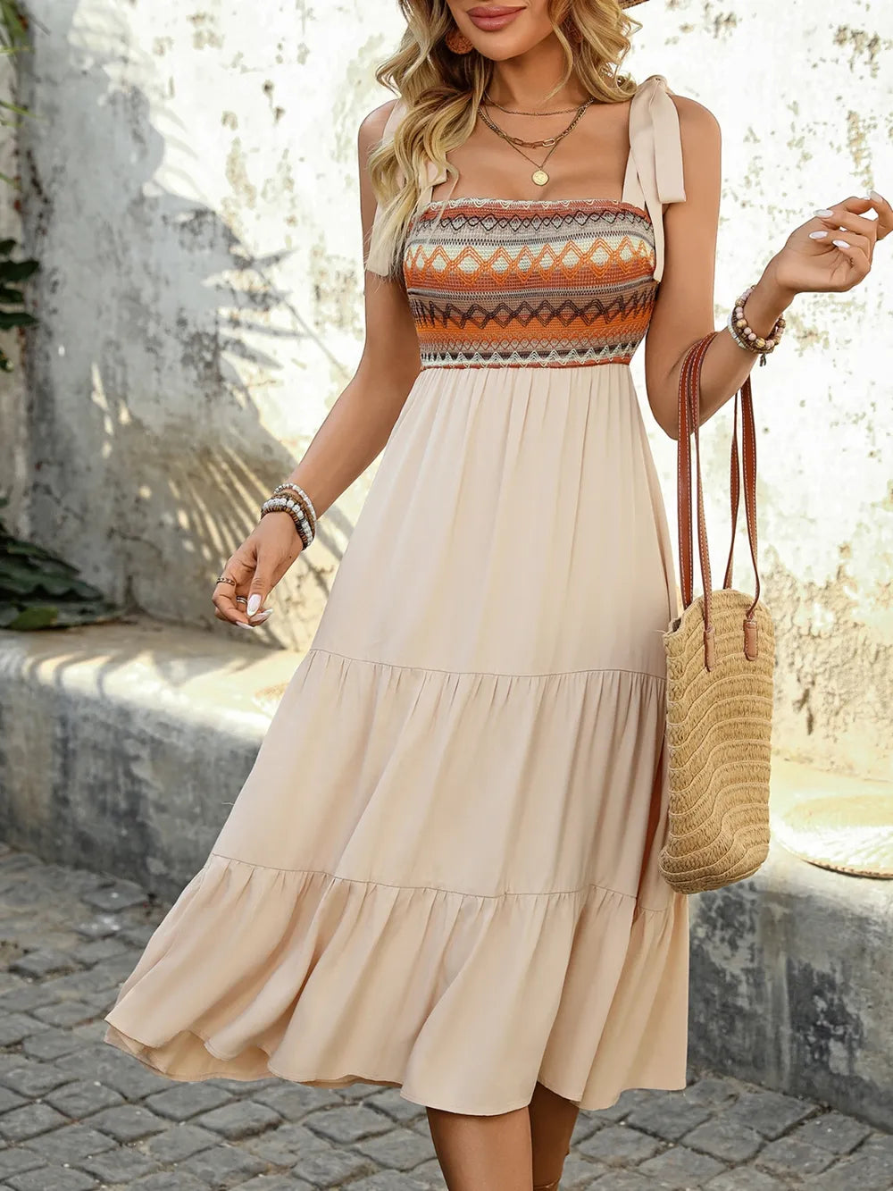 Tie Shoulder Square Neck Tiered Midi Dress