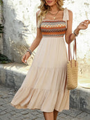 Tie Shoulder Square Neck Tiered Midi Dress